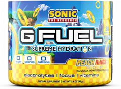 G Fuel Sonic's Peach Rings Supreme Hydration tub shows zero sugar electrolytes for quick hydration.