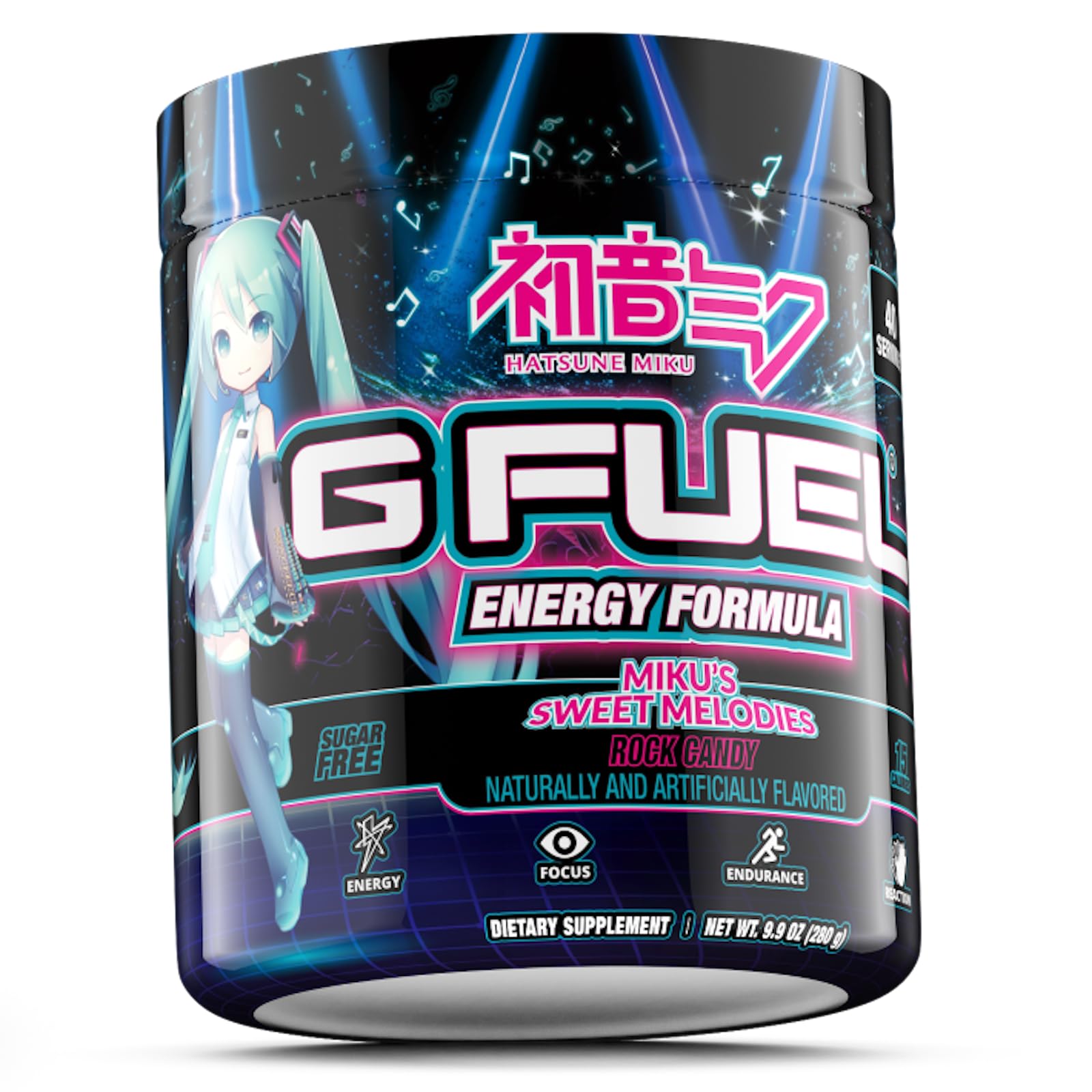 G Fuel Sweet Melodies Hatsune Miku packaging display communicates zero sugar formula and vitamins