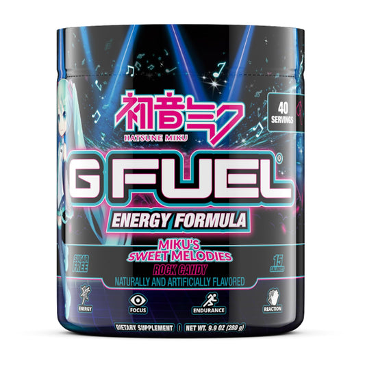 G Fuel Sweet Melodies Hatsune Miku tub closeup highlights sugar-free energy for gaming