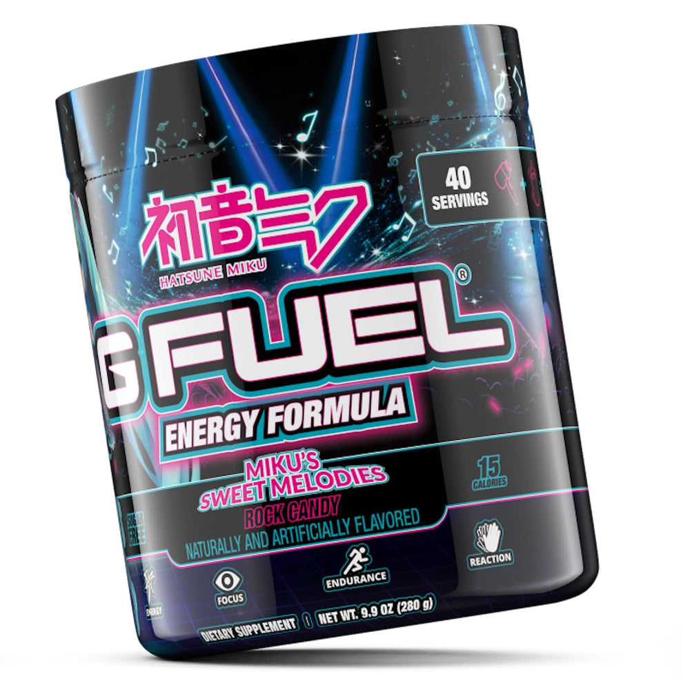 G Fuel Sweet Melodies Hatsune Miku tub front emphasizes rock candy look and clean energy