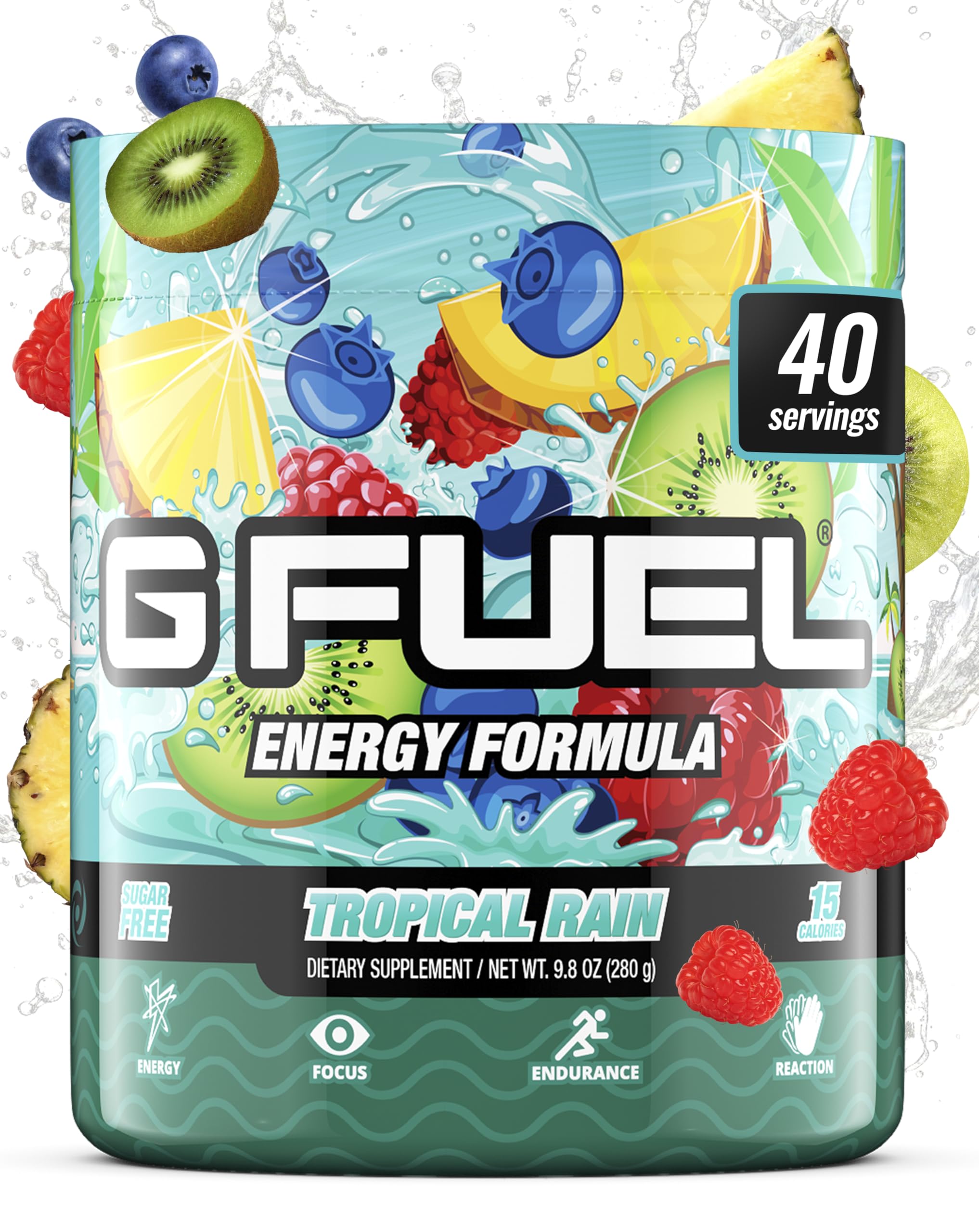 G Fuel Tropical Rain bottle pour shows refreshing, sugar-free energy for gaming sessions.
