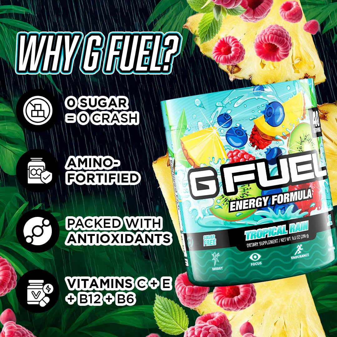 G Fuel Tropical Rain ingredients closeup showcases caffeine, vitamins, and amino focus support.