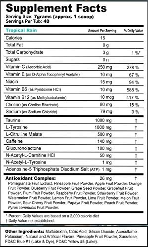 G Fuel Tropical Rain packaging front signals 40 servings of sugar-free focus fuel.