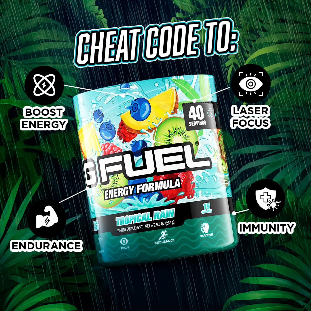G Fuel Tropical Rain scoop dispensing emphasizes clean pre-workout energy without sugar crash.
