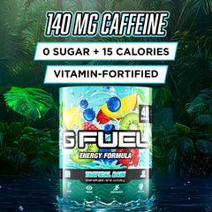 G Fuel Tropical Rain tub visual highlights vitamin complex and antioxidant blend for daily focus.