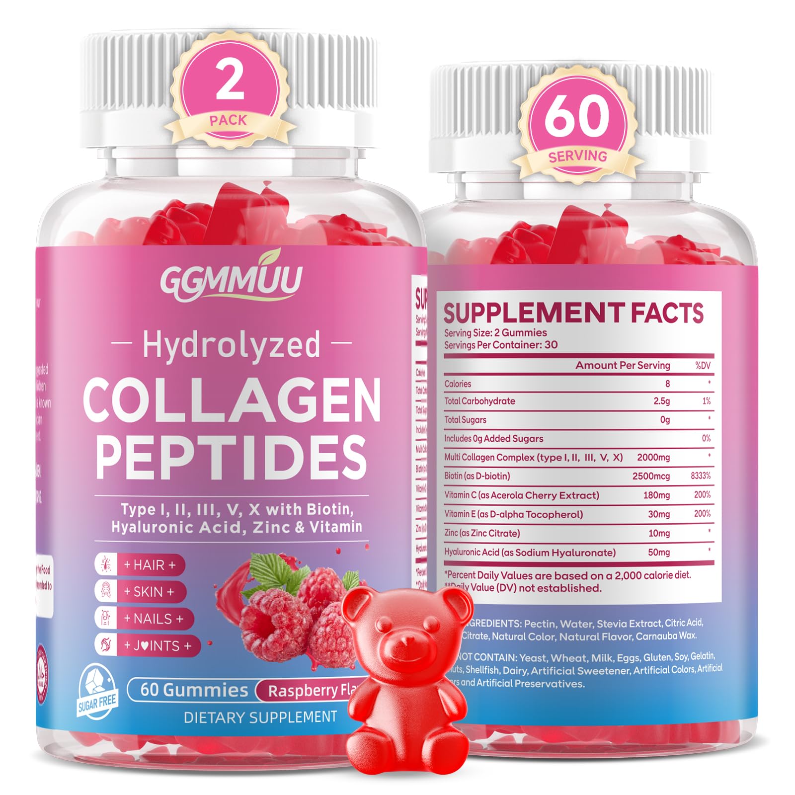 GGMMUU 2Pack Raspberry Collagen Gummies bottle front view for daily beauty support.