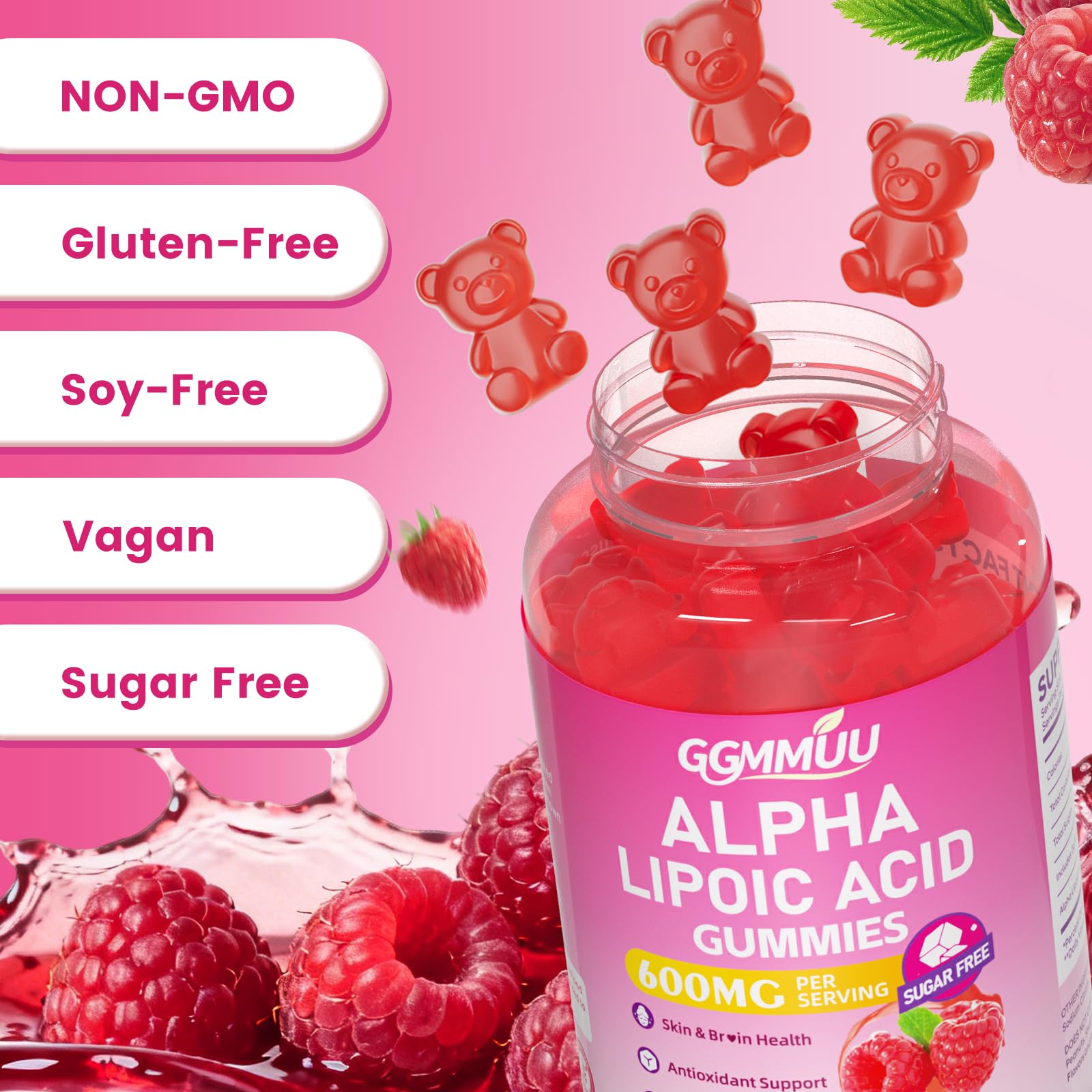 GGMMUU Alpha Lipoic Acid Gummies vegan icon on packaging.