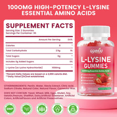GGMMUU L-Lysine gummies label close-up highlighting vegan and non-GMO attributes