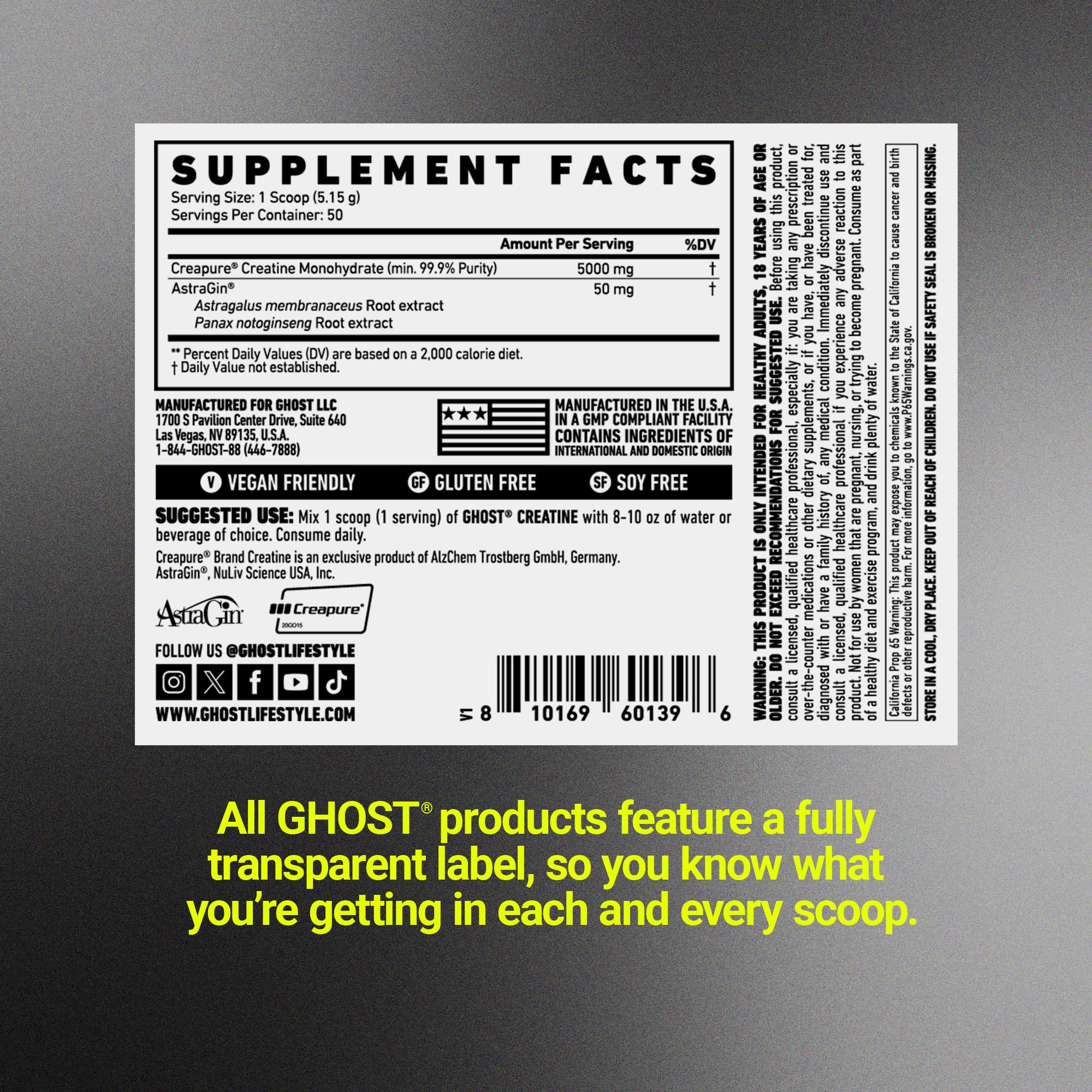 Ghost Basics Creatine serving size illustration indicating 5g per serving for consistent dosing