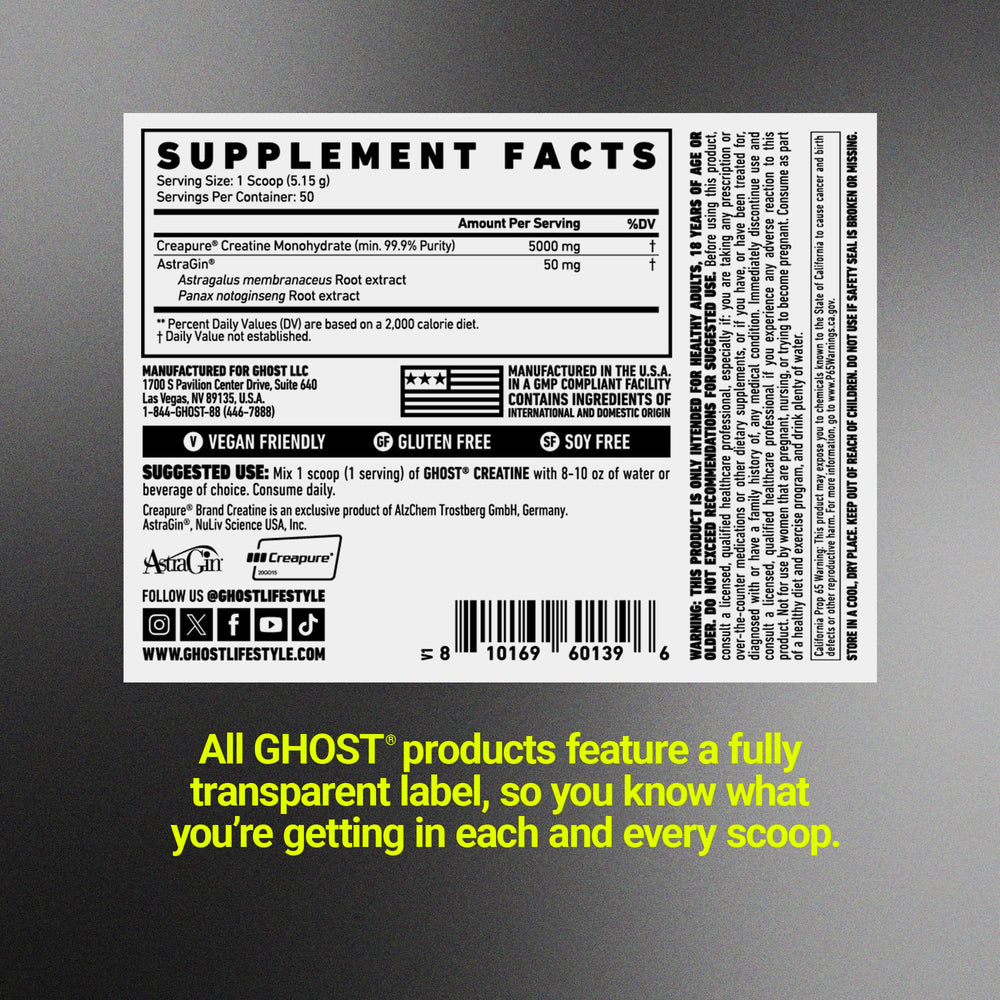 Ghost Basics Creatine serving size illustration indicating 5g per serving for consistent dosing