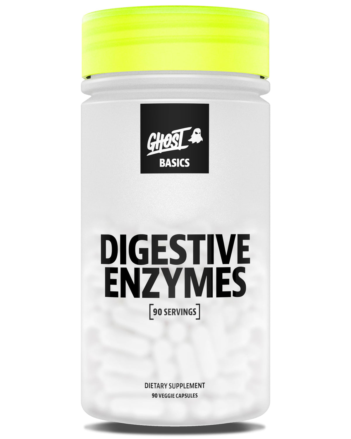 GHOST Basics Digestive Enzymes bottle front with vegan capsules for daily support.