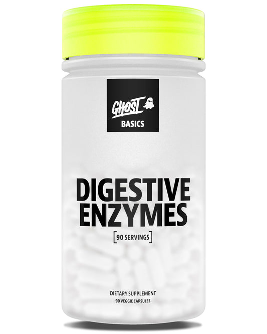 GHOST Basics Digestive Enzymes bottle front with vegan capsules for daily support.