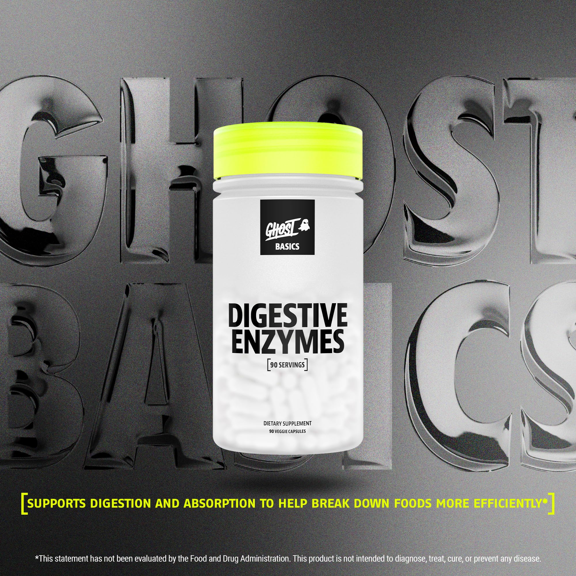 Close-up of GHOST Basics Digestive Enzymes capsules highlighting vegan formula.
