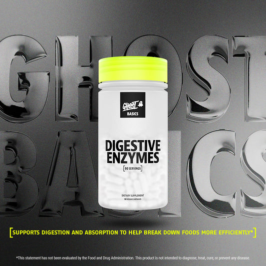 Close-up of GHOST Basics Digestive Enzymes capsules highlighting vegan formula.