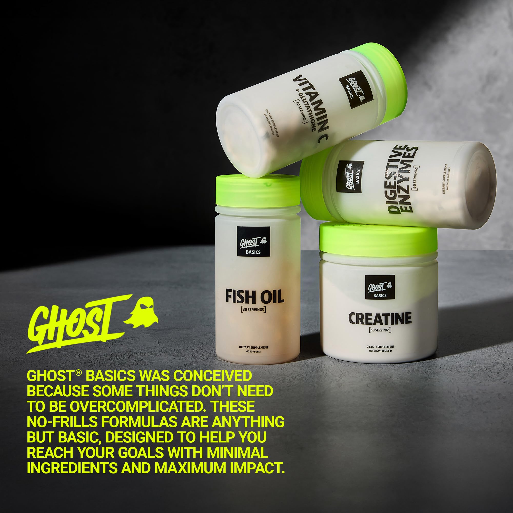 GHOST Basics packaging highlights gluten-free and soy-free formula
