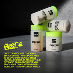 GHOST Basics packaging highlights gluten-free and soy-free formula