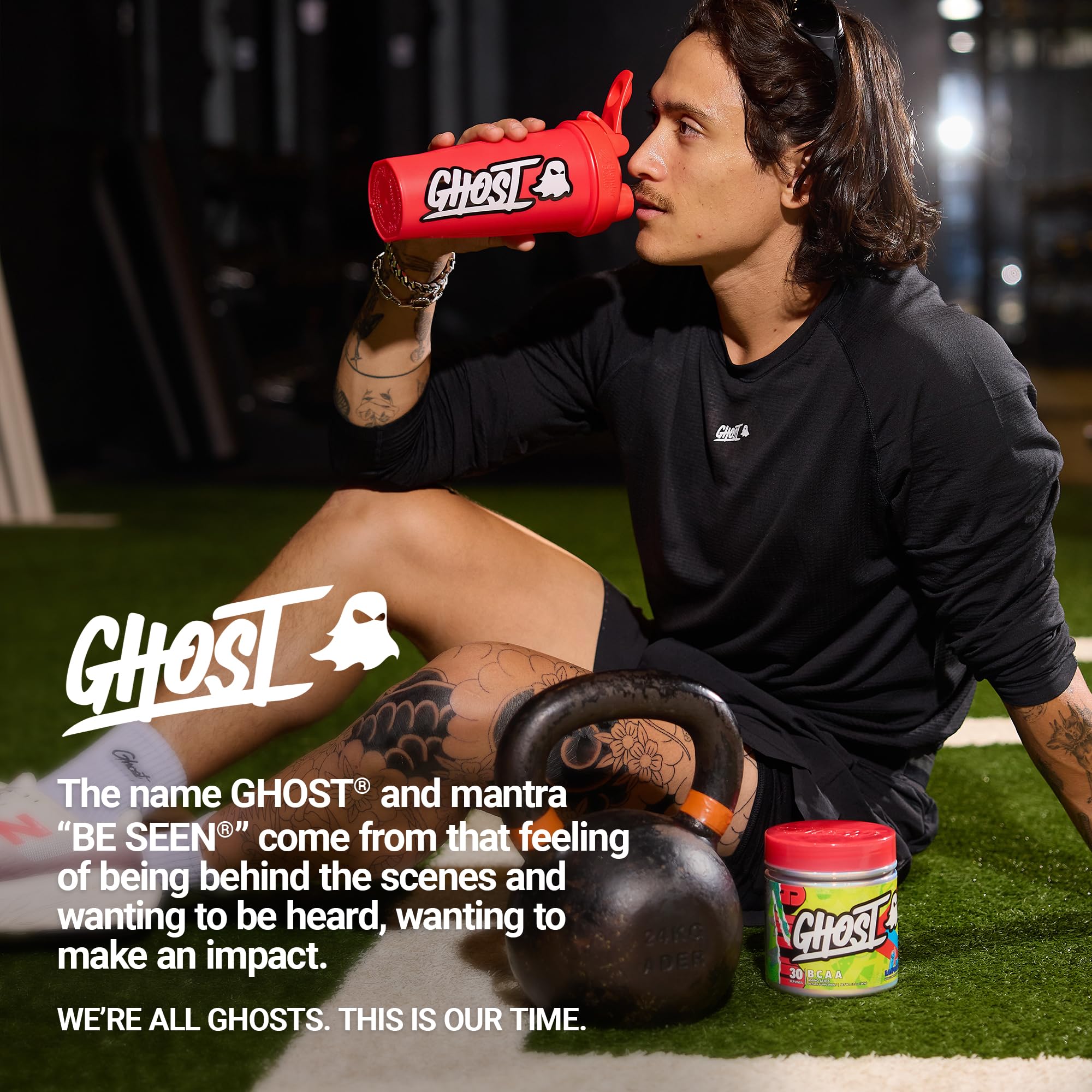 Ghost BCAA Blue Raspberry label close-up, showcasing transparent ingredients and sugar-free formula