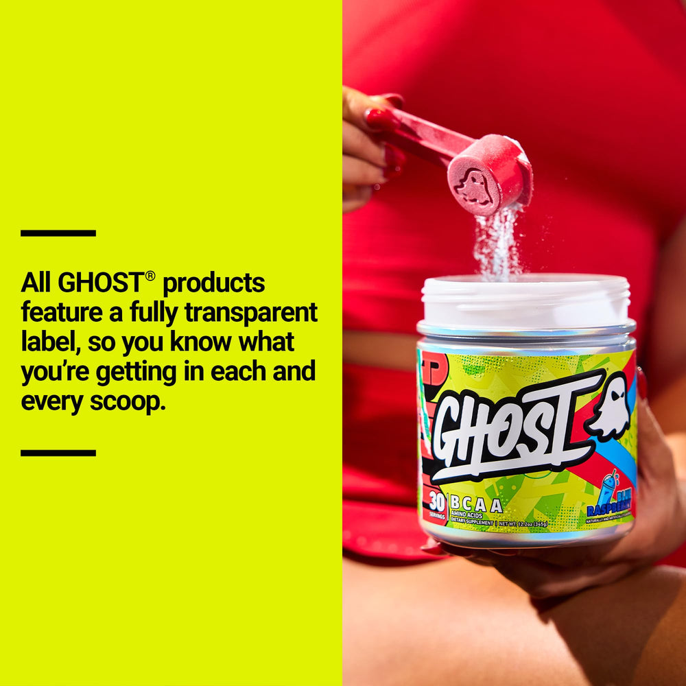 Ghost BCAA Blue Raspberry serving on a countertop, suggesting around-the-clock refreshment