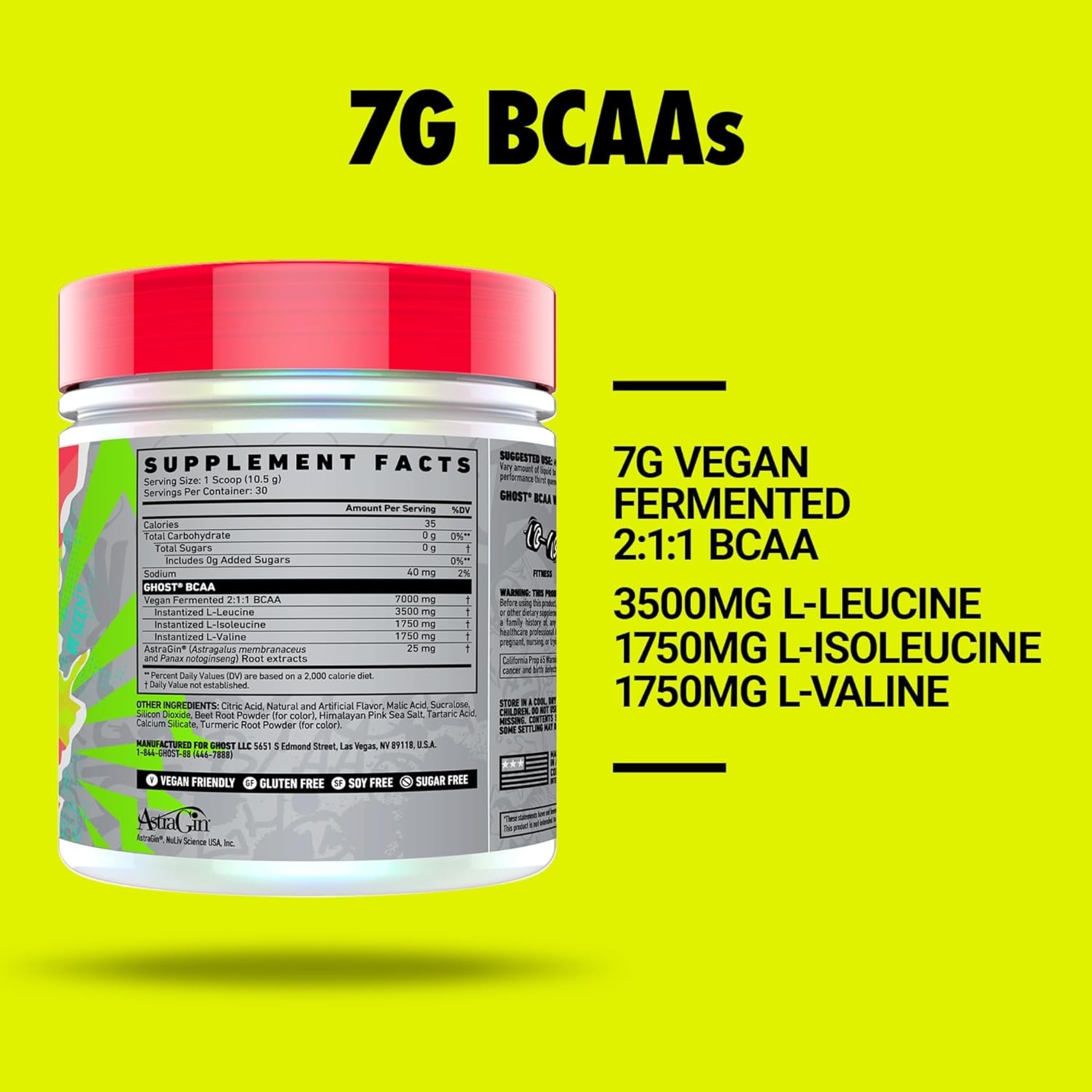 Ghost BCAA Kiwi Strawberry label close-up highlights transparent ingredient disclosure.