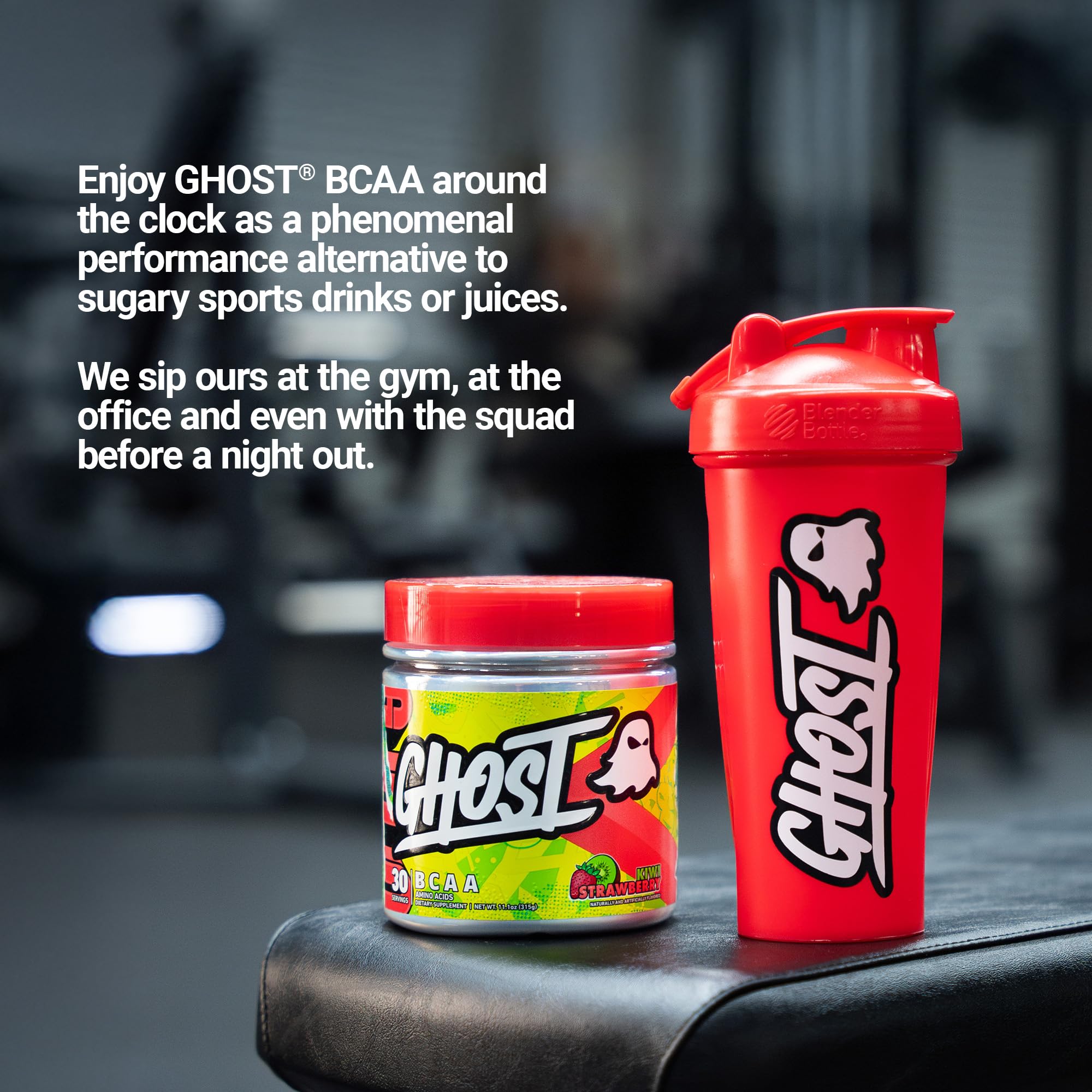 Ghost BCAA Kiwi Strawberry mixer with water ready for post-workout recovery.