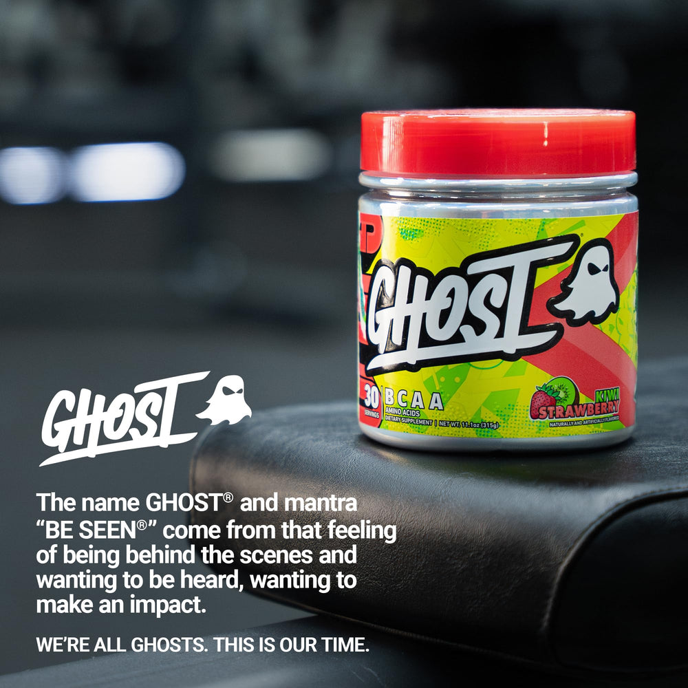 Ghost BCAA Kiwi Strawberry setup with gym gear for on-the-go recovery.