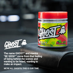 Ghost BCAA Kiwi Strawberry setup with gym gear for on-the-go recovery.