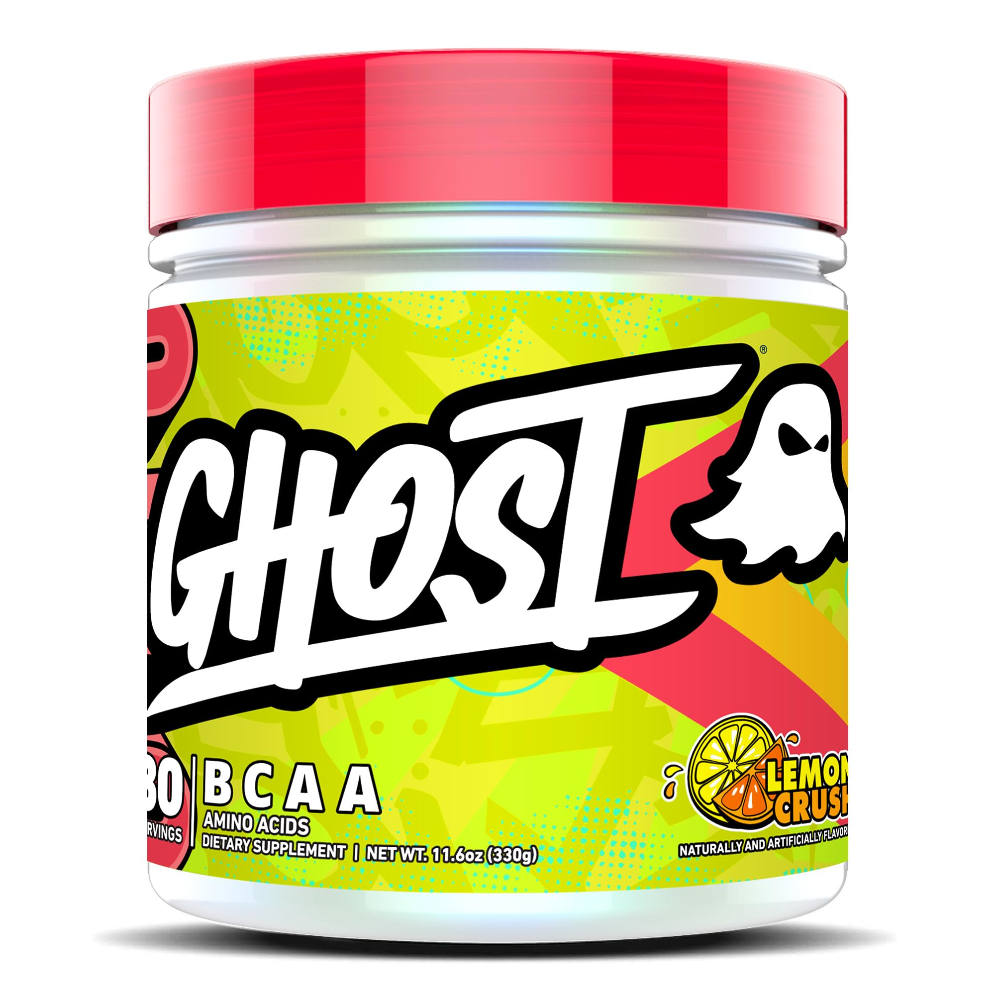 GHOST BCAA Lemon Crush canister on desk, sugar-free hydration for workouts