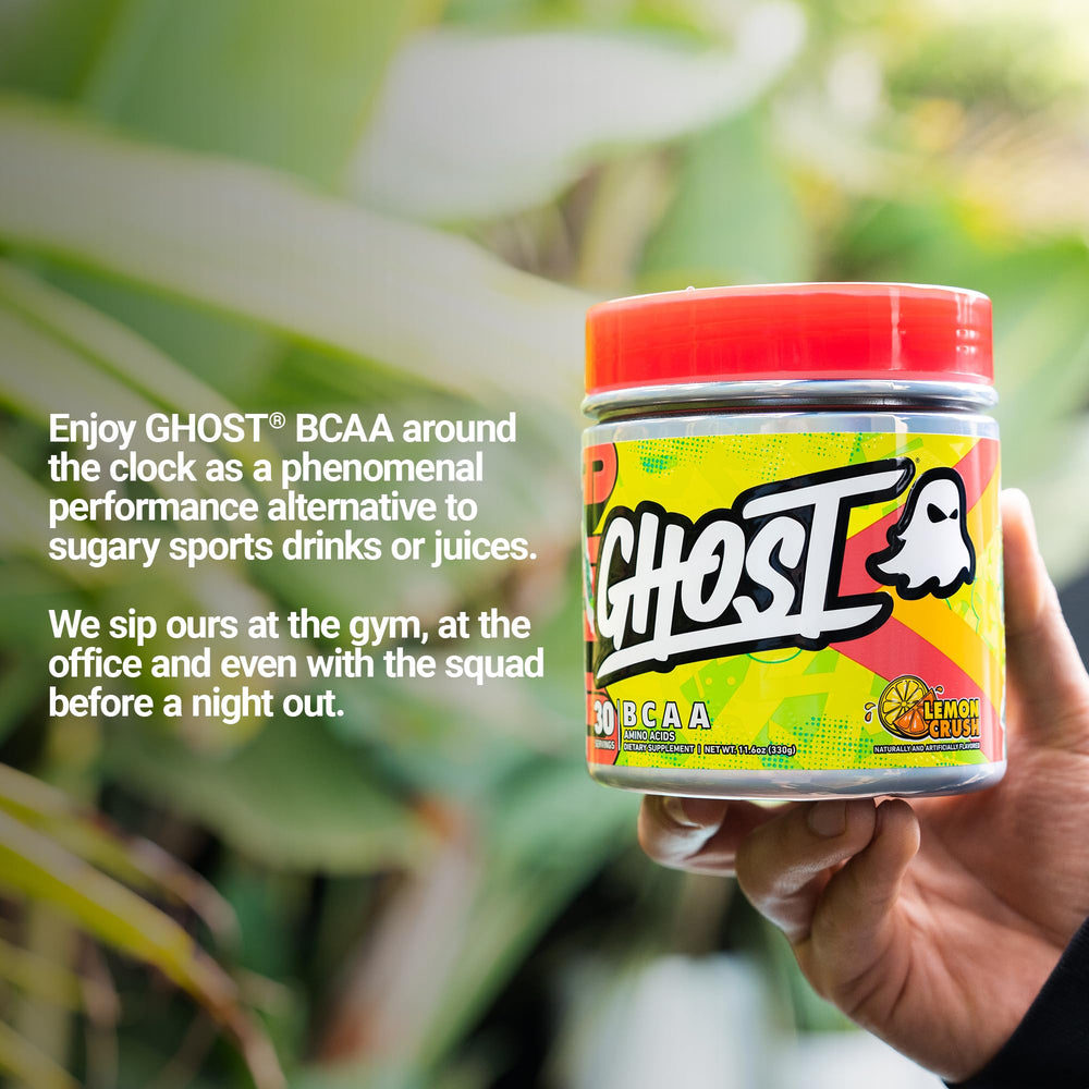 Close-up of GHOST BCAA Lemon Crush label showing transparent ingredients