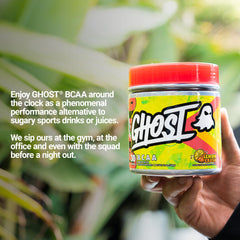 Close-up of GHOST BCAA Lemon Crush label showing transparent ingredients