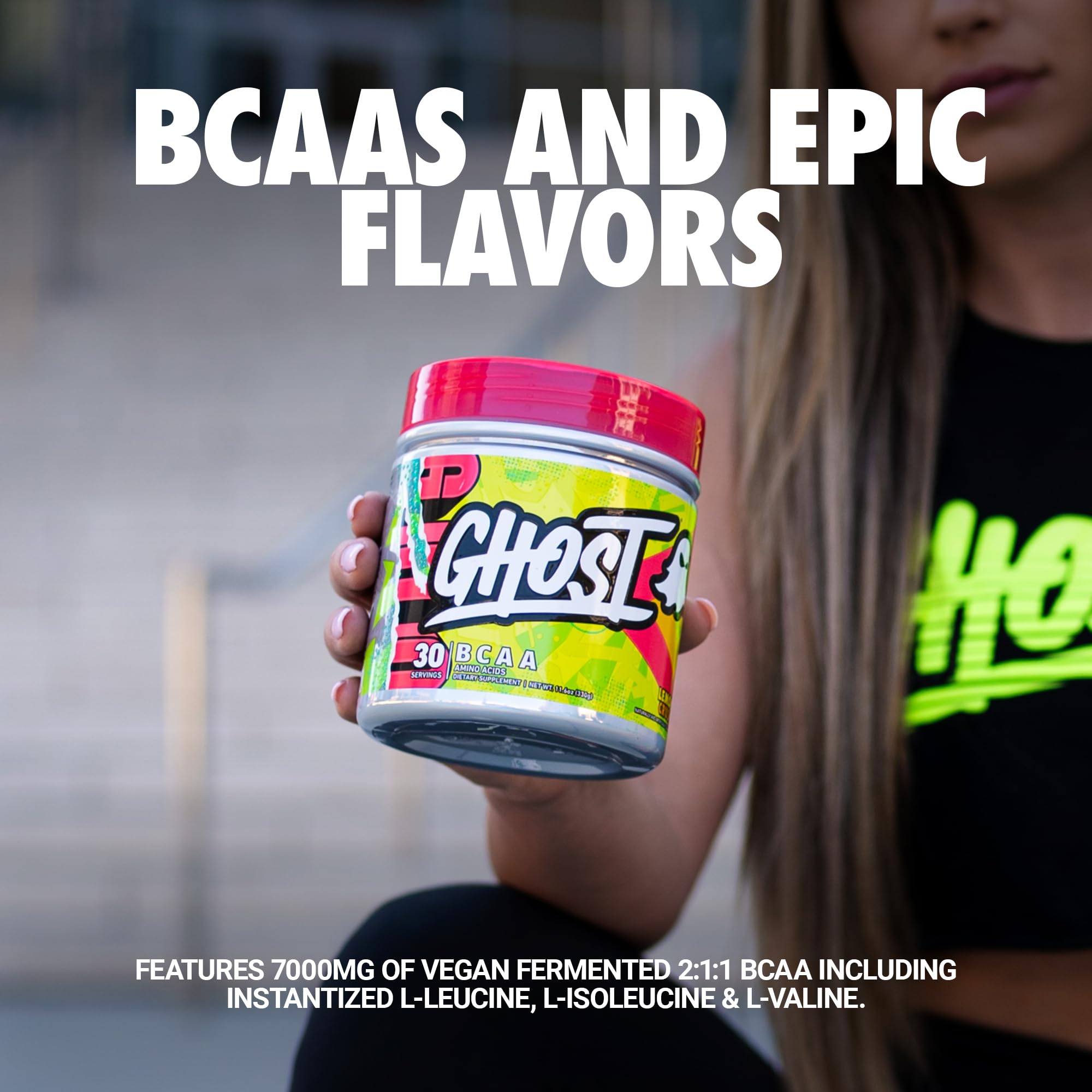 GHOST BCAA Lemon Crush scoop beside a shaker for intra-workout amino boost