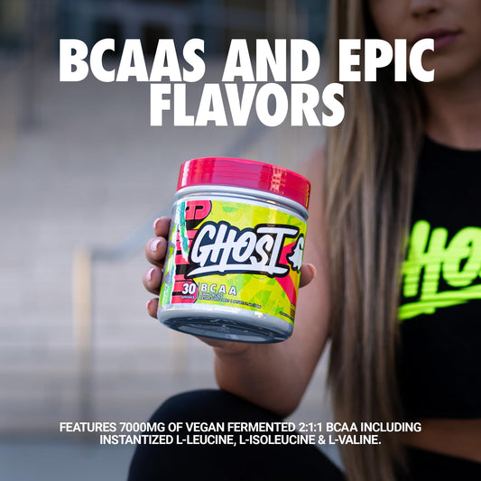 GHOST BCAA Lemon Crush scoop beside a shaker for intra-workout amino boost
