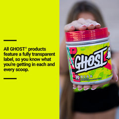 GHOST BCAA Lemon Crush tub close-up, vegan-friendly and sugar-free claims