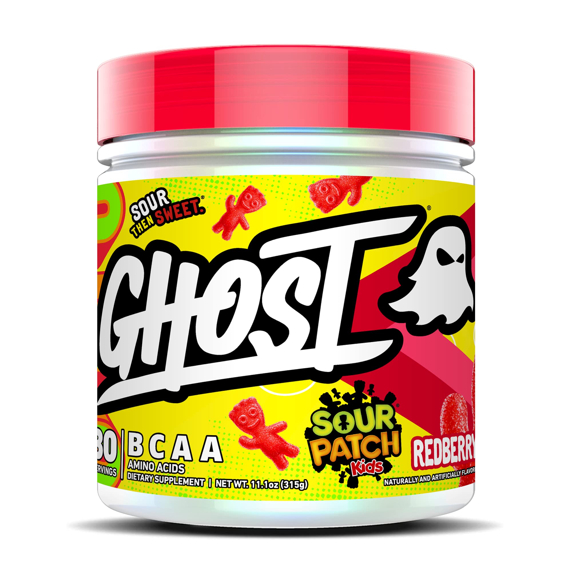 GHOST BCAA Sour Patch Kids Redberry bottle for training with flavor-packed refreshment.