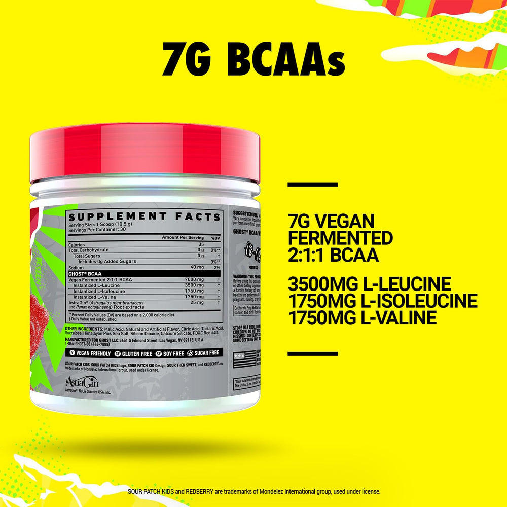 GHOST BCAA Sour Patch Kids Redberry powder served during workouts for flavor and hydration.