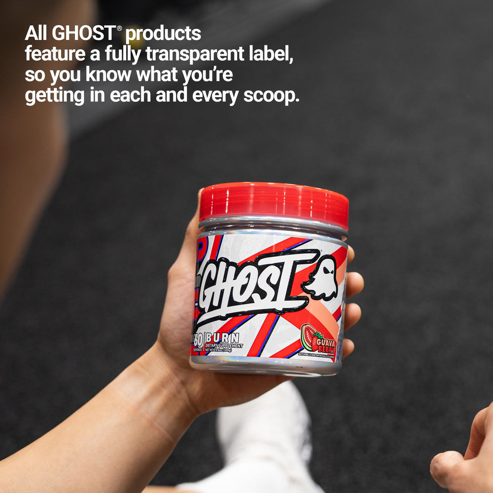 GHOST Burn Guava Berry ingredients panel emphasizes vegan, gluten-free formulation