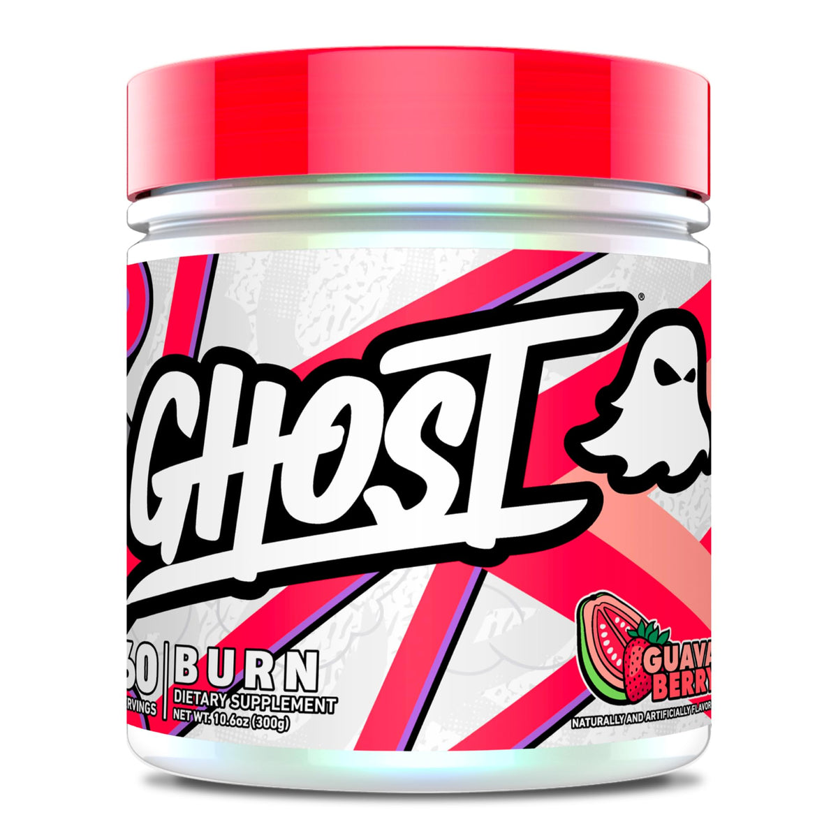 GHOST Burn Guava Berry tub front highlighting energy-boosting formula for workouts