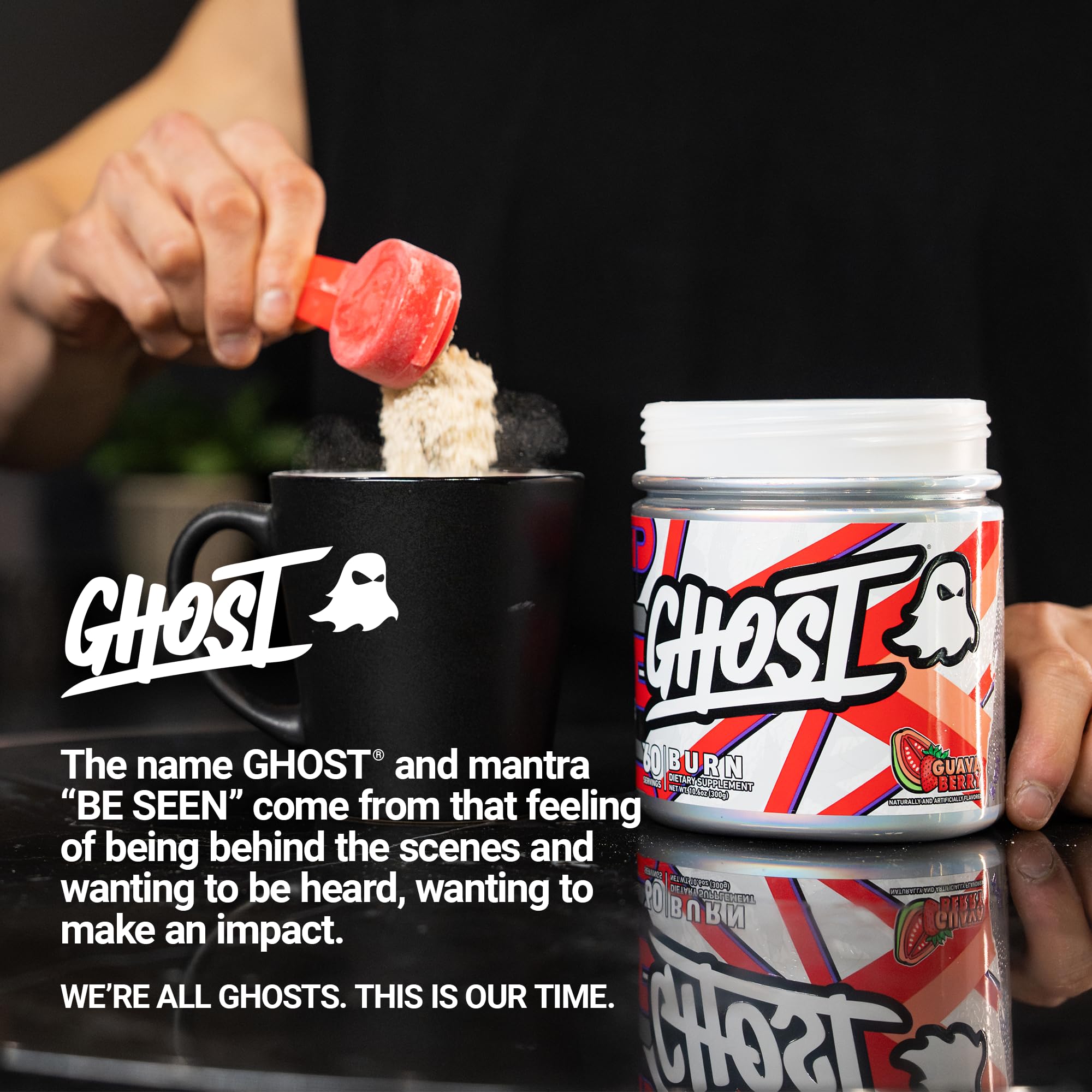 GHOST Burn Guava Berry usage scene shows pre-workout preparation for energy