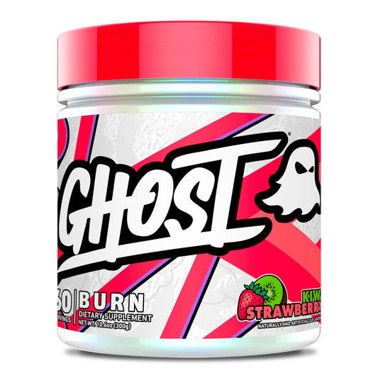 GHOST Burn Kiwi Strawberry powder with scoop for pre-workout energy boost.