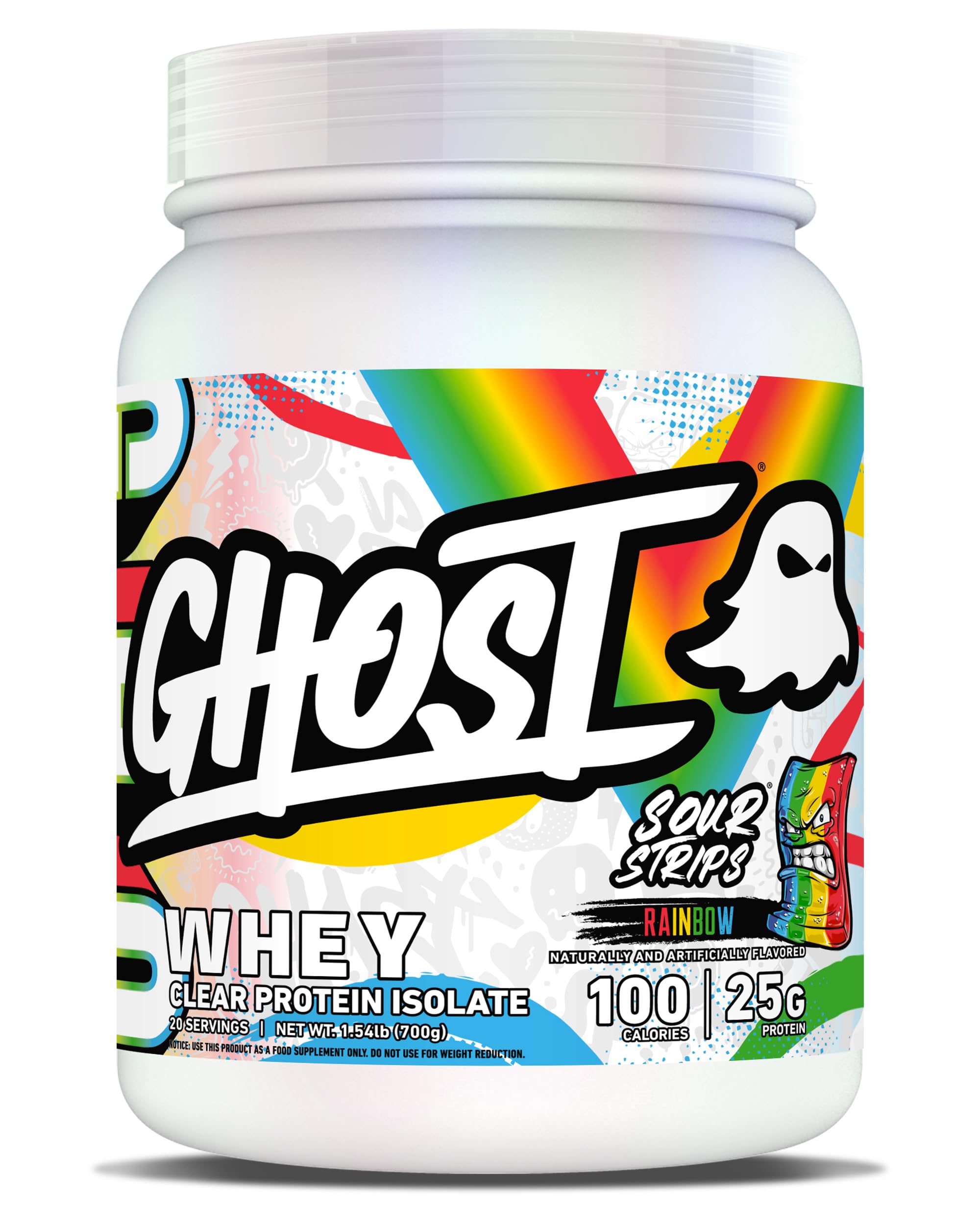 GHOST Clear Whey Isolate Sour Strips tub for post-workout recovery and flavor-forward nutrition.