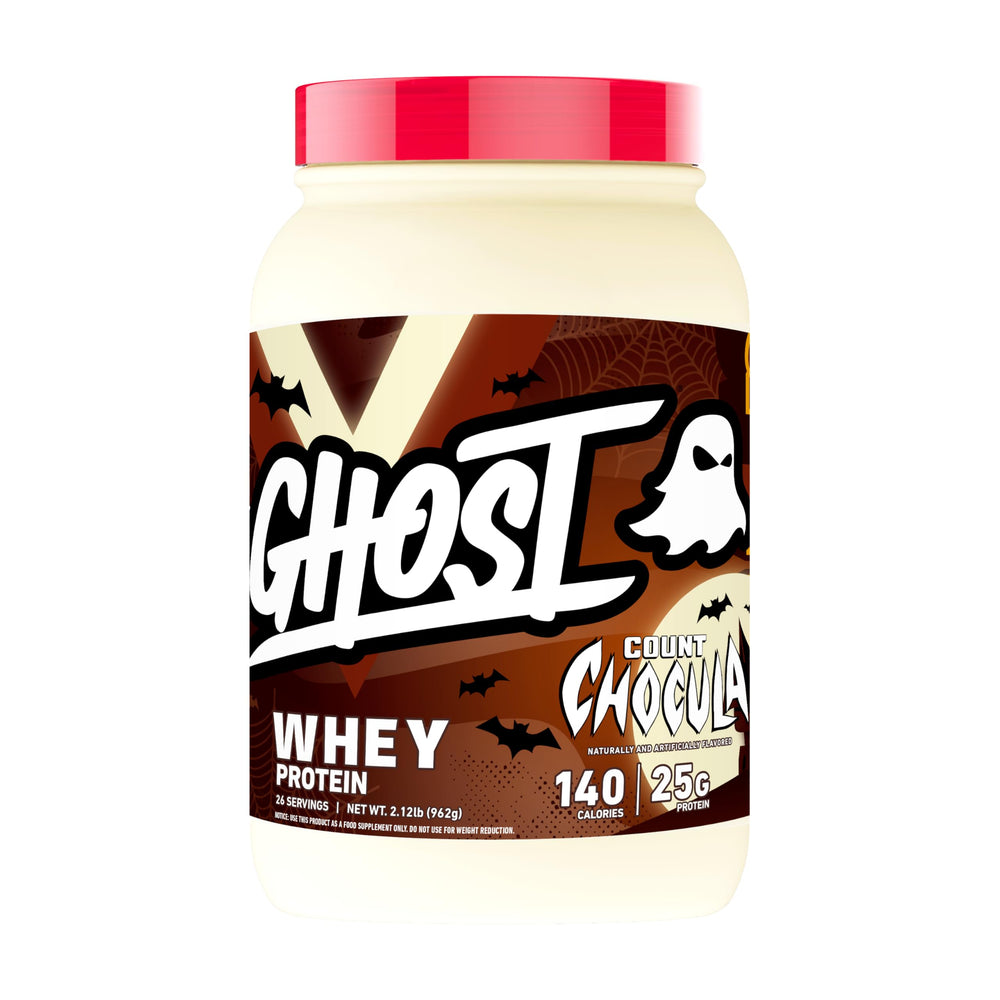 GHOST Count Chocula whey protein tub showing 25g per serving for post-workout shakes