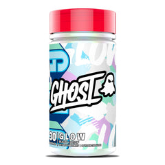 GHOST Glow capsules bottle close-up shows clear label for daily skin support