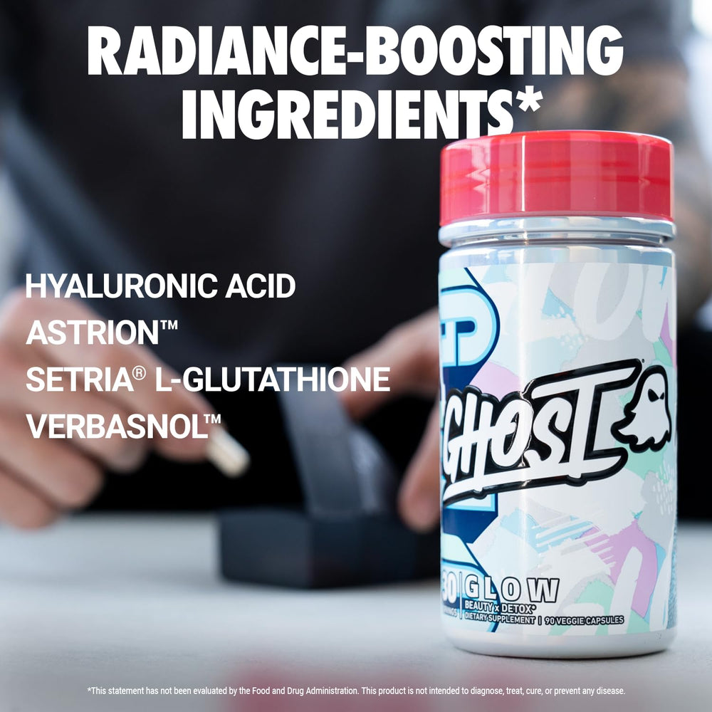 GHOST Glow capsules outside the bottle illustrate convenient three-capsule serving