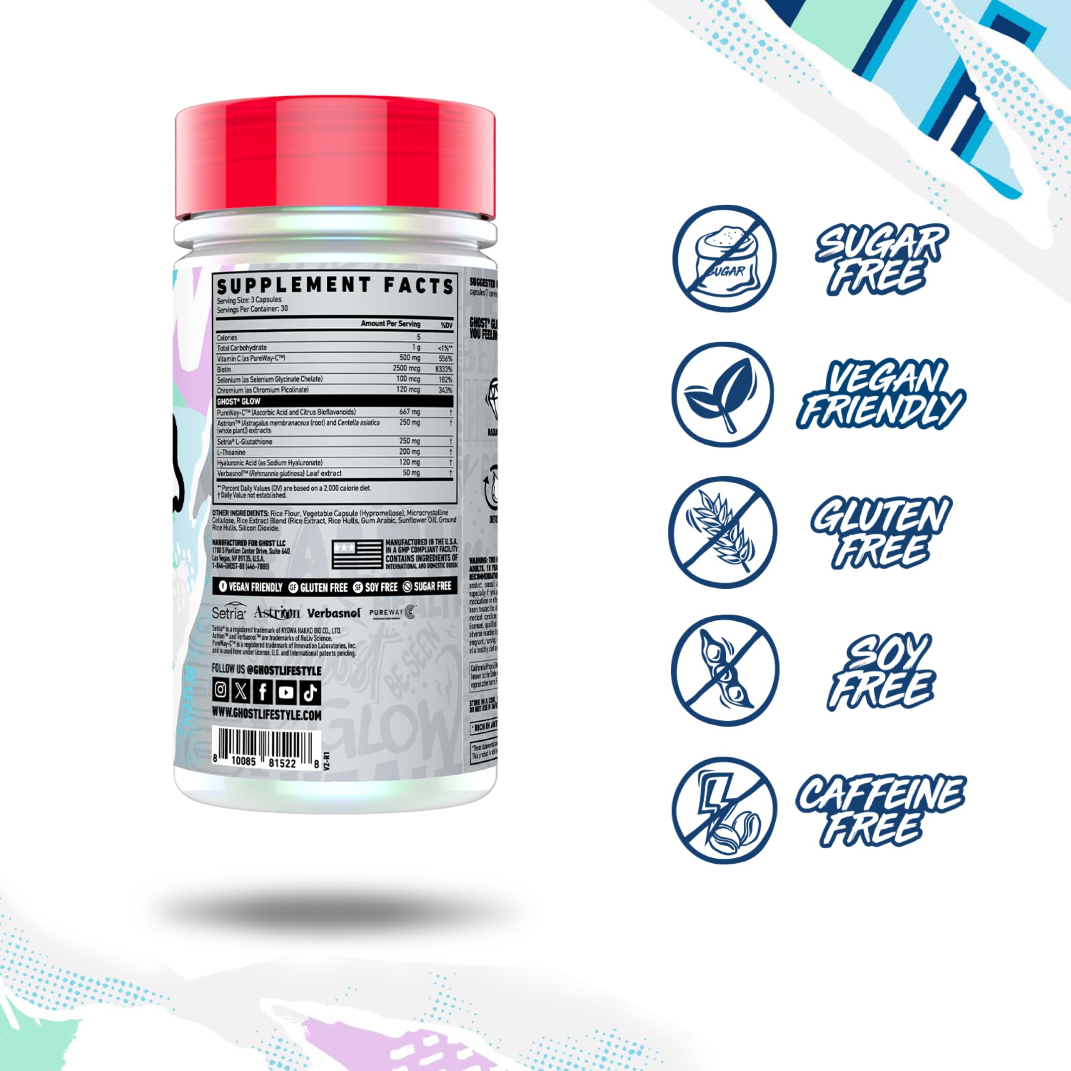 GHOST Glow three capsules per serving recommended for daily skin support