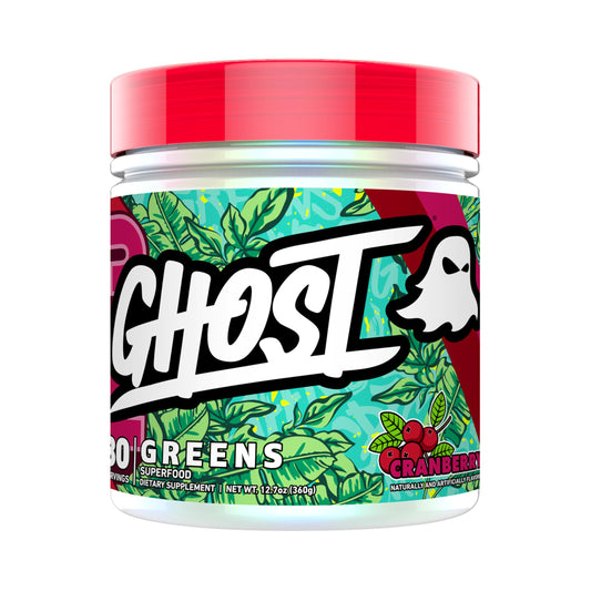 GHOST Greens Cranberry tub front view illustrating daily nutrition with 30 servings