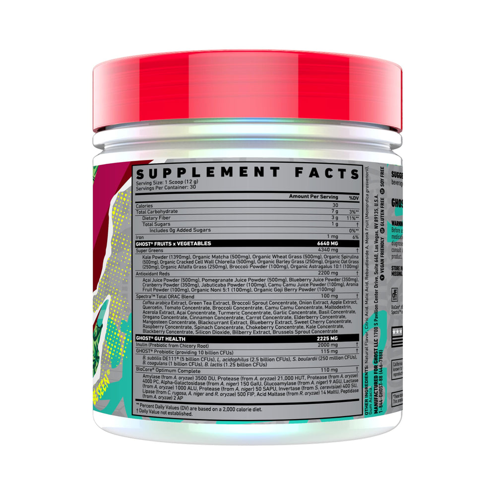GHOST Greens Cranberry tub side label highlighting probiotic and enzyme blend for digestion