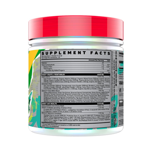 Ghost Greens Old School Apple bottle nutrition panel highlights probiotics and enzymes for digestion support.