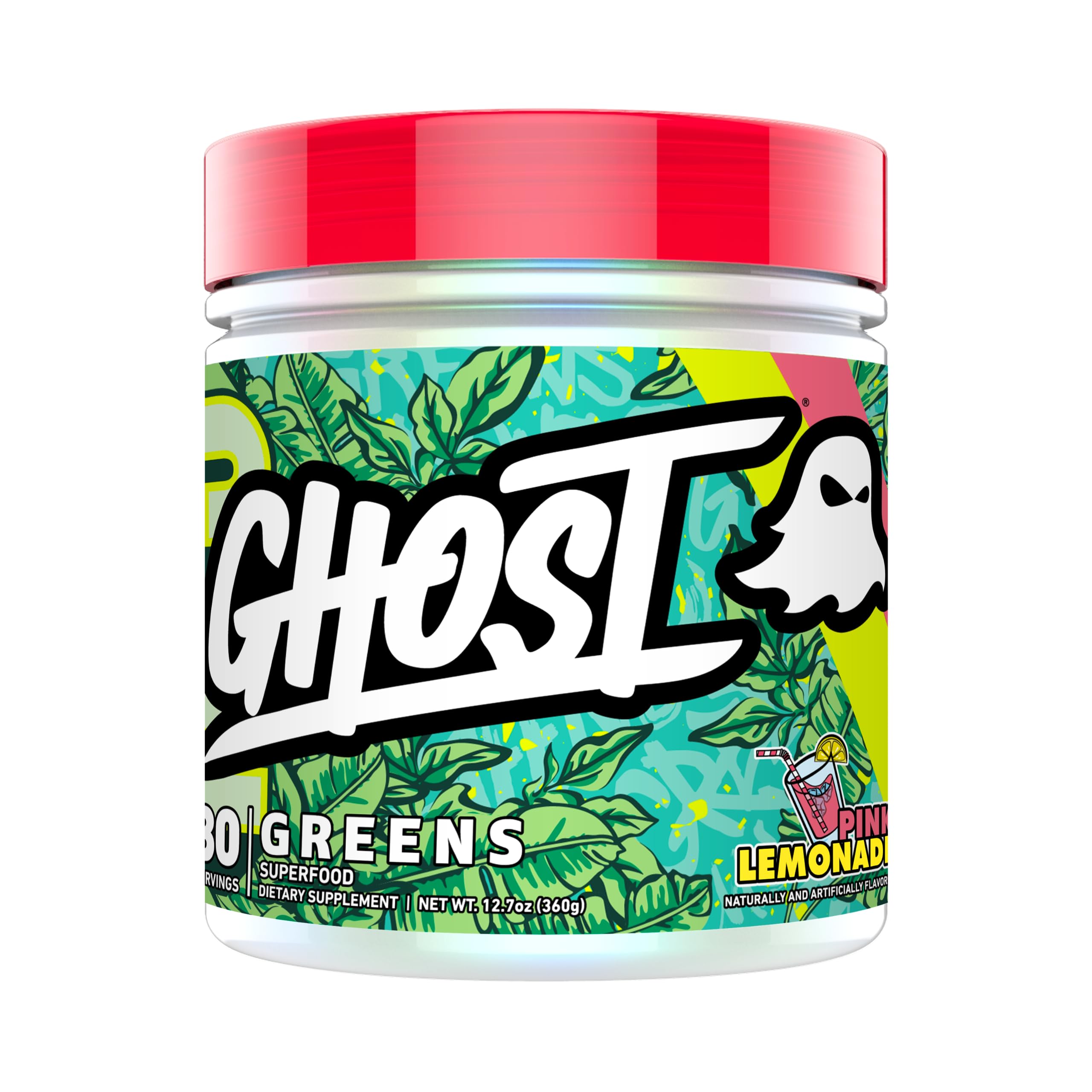 GHOST Greens Pink Lemonade tub displaying 30 servings for daily greens