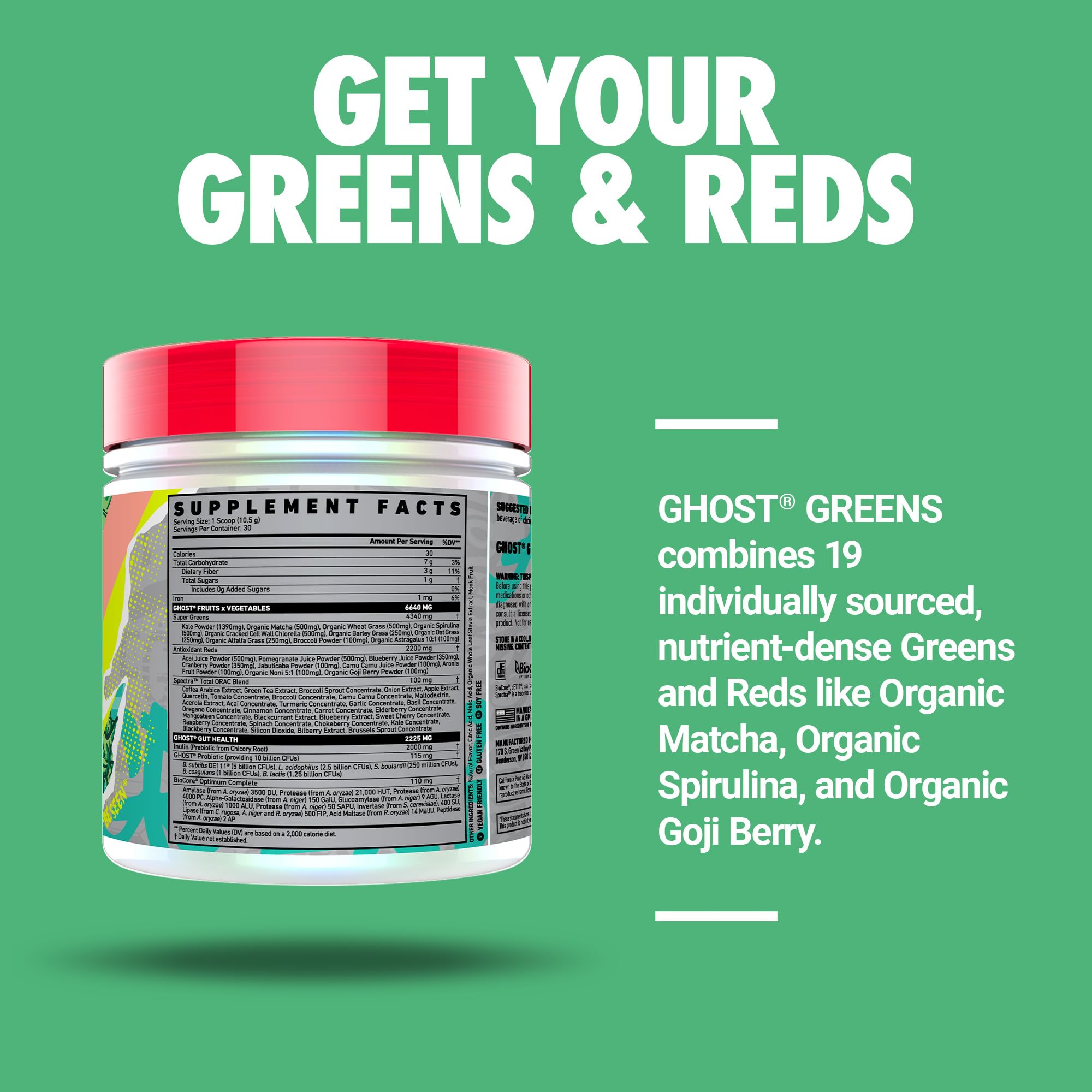 GHOST Greens Guava Berry ingredients panel with chlorella and spirulina for plant-based nutrition.