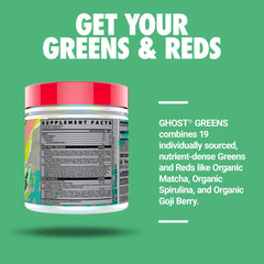 GHOST Greens Guava Berry ingredients panel with chlorella and spirulina for plant-based nutrition.