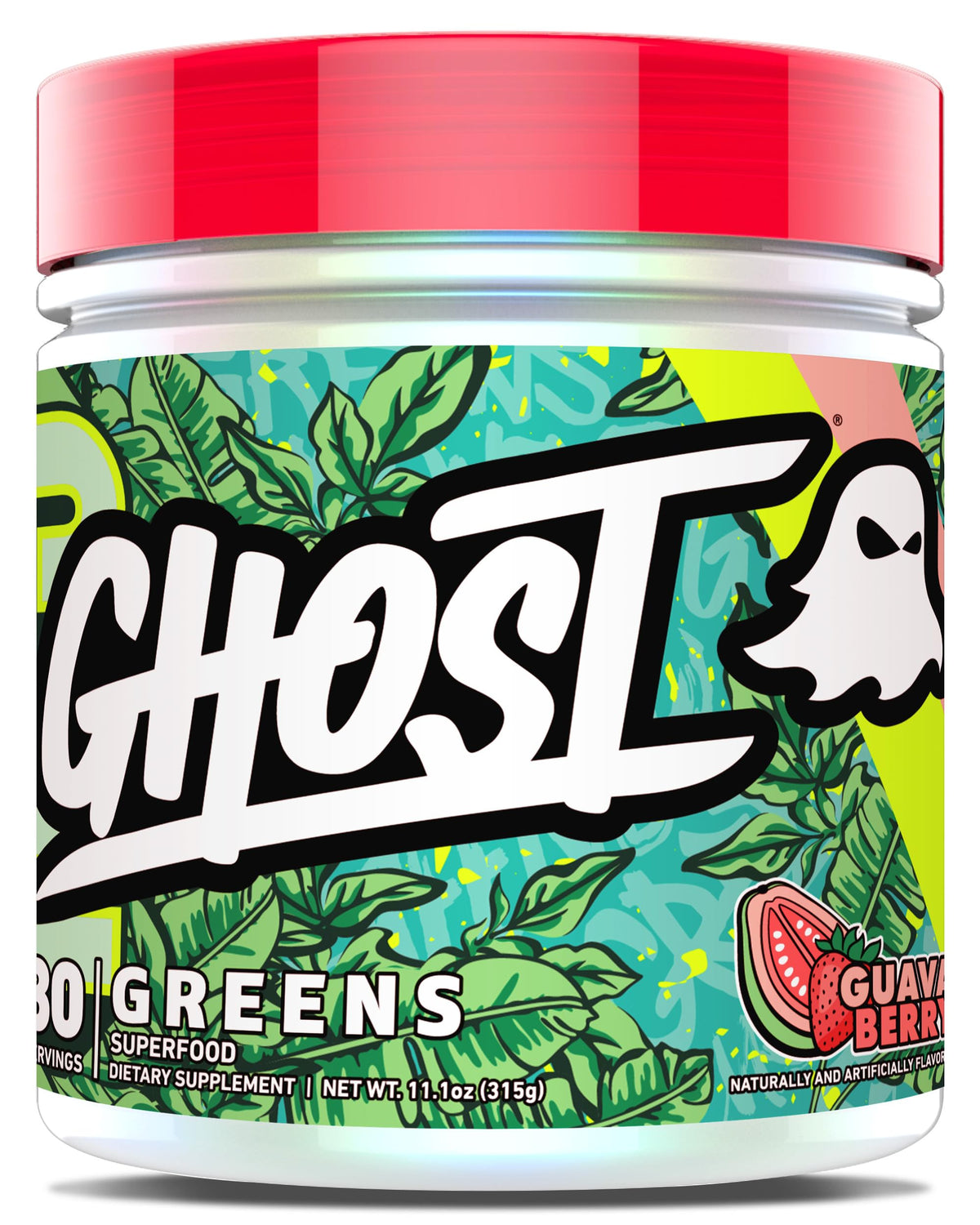 GHOST Greens Guava Berry tub label highlighting 19 greens and reds for daily nutrition.